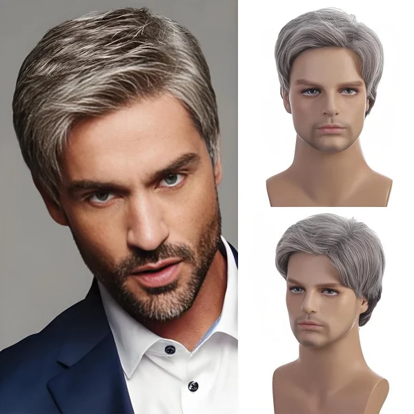 Natural Men's Grey Short Wig Heat Resistant Male Daily