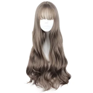 Unique Bargains Women's Curly Wigs 28" Brown with Wig Cap Long Hair With Bangs
