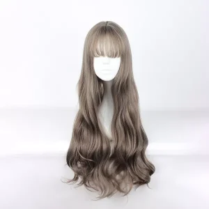 Unique Bargains Women's Curly Wigs 28" Brown with Wig Cap Long Hair With Bangs